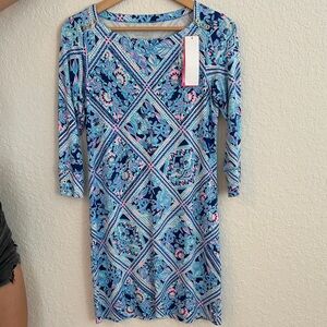 Lilly Pulitzer Small Blue and Pink Floral-Print 3/4 Sleeve Shift Dress